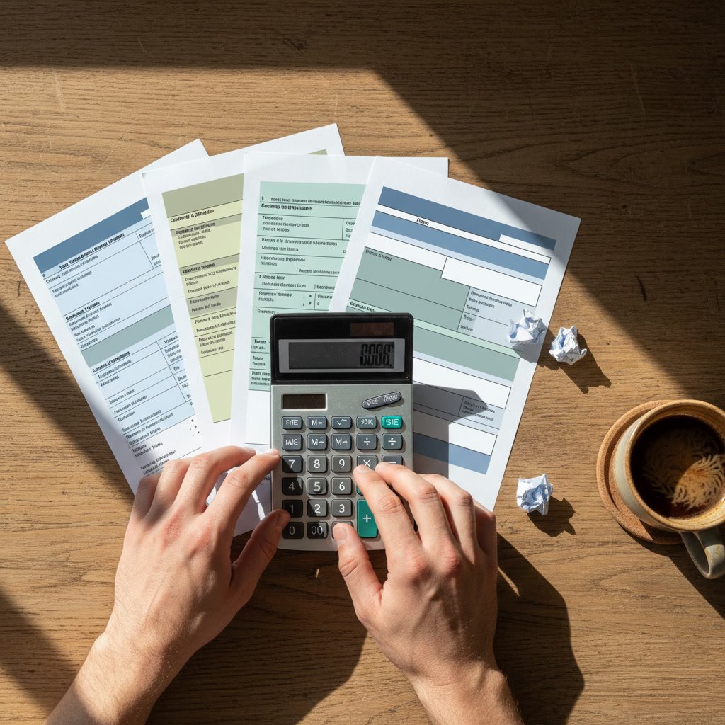 Hands using calculator with tax forms and receipts on desk in Dallas office