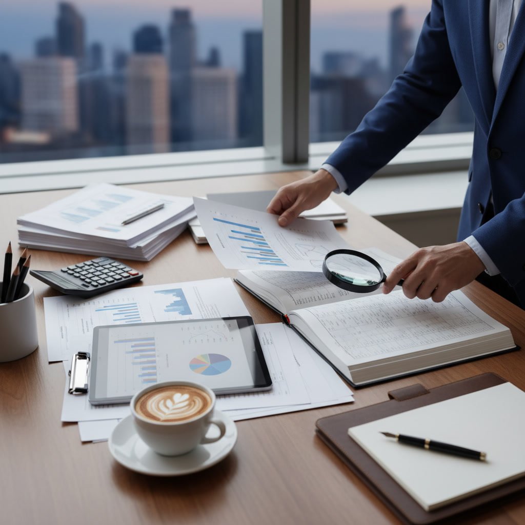 Business owner reviewing financial documents and preparing books to switch bookkeeping service