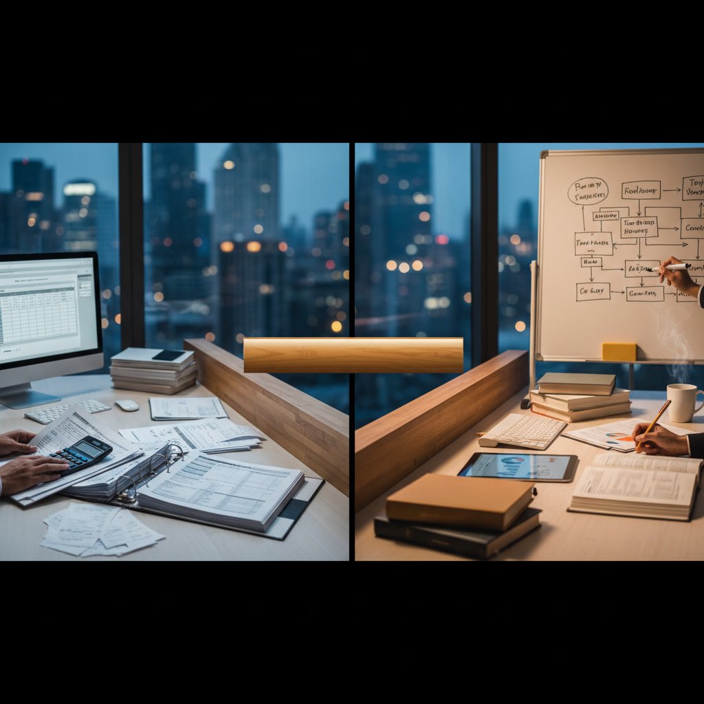 Business owner reviewing tax accounting documents with professional advisor at desk