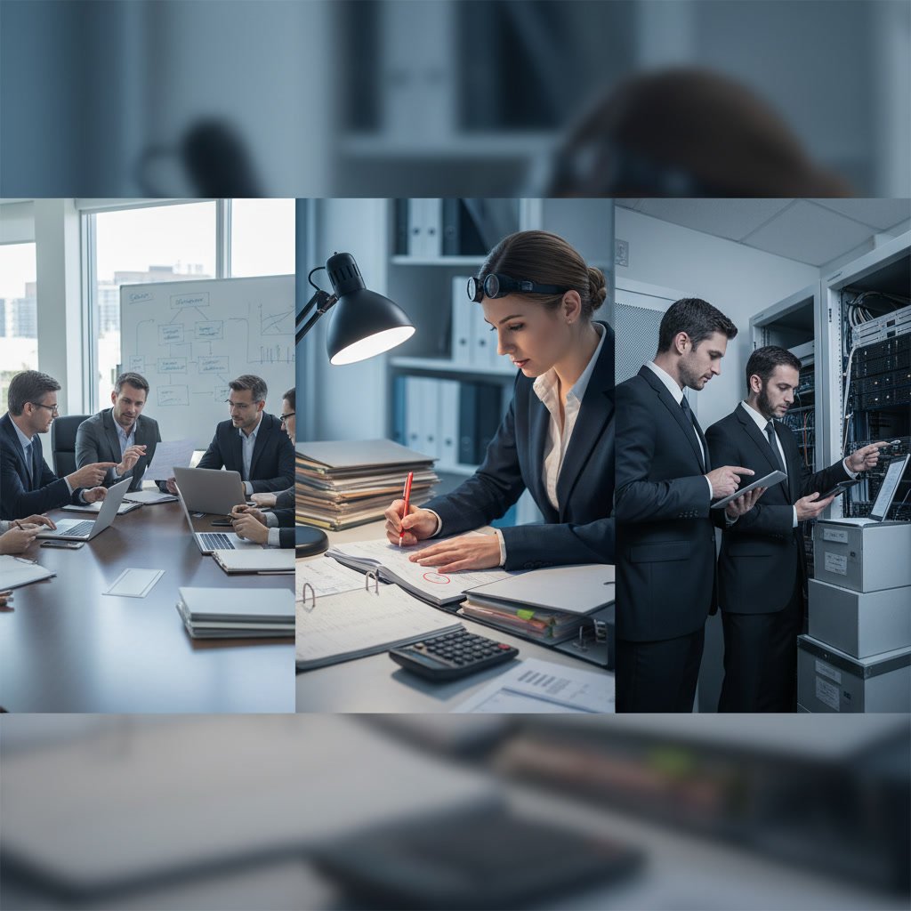 Professional accountant reviewing financial documents and tax records at desk