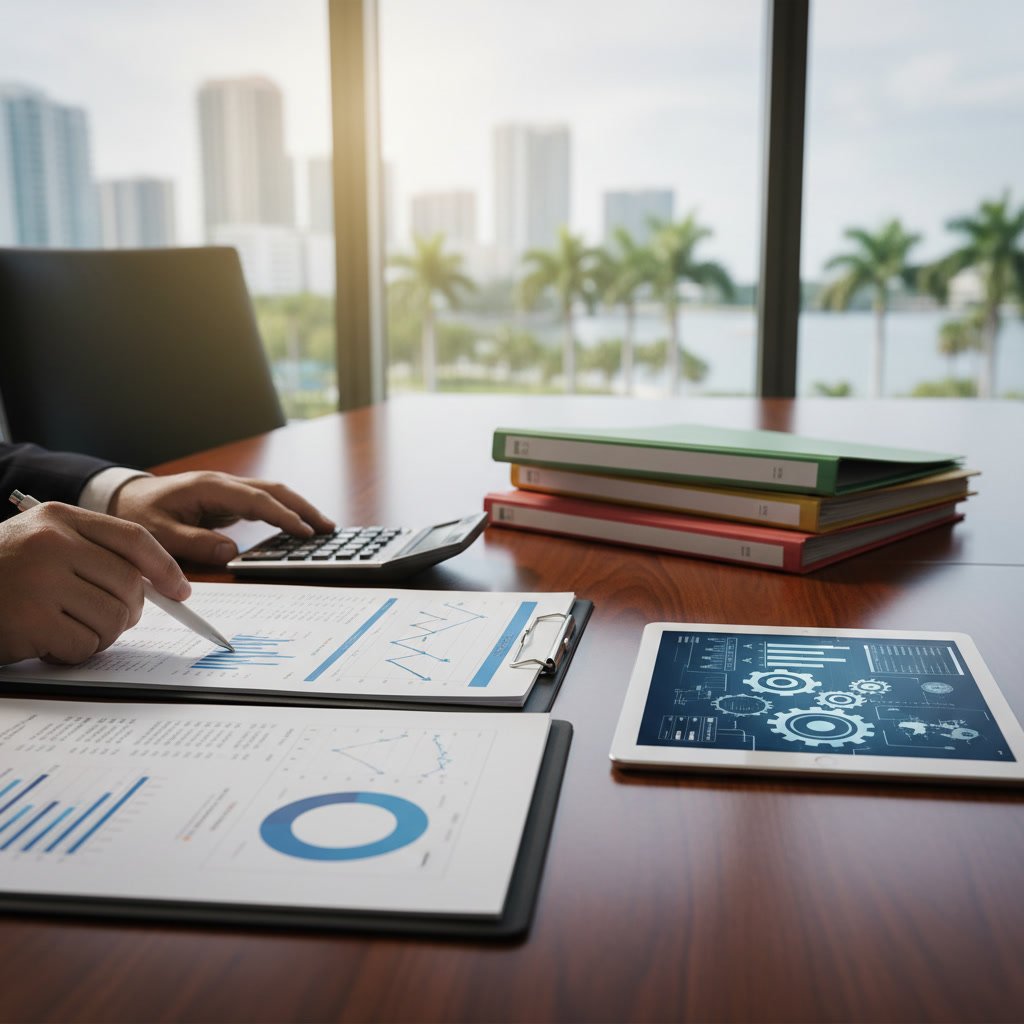 Tax professional analyzing financial ratios and comparing data on computer screen