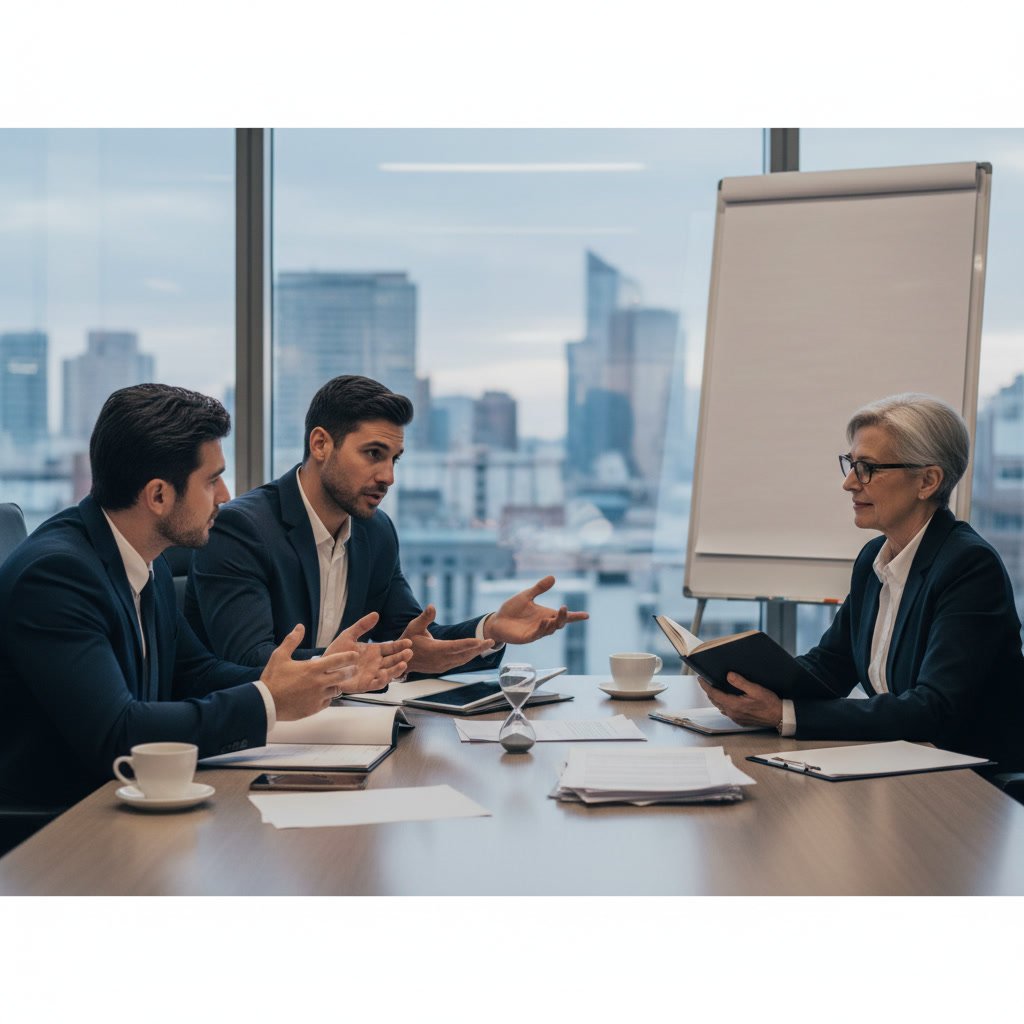 Business owner and accountant discussing financial review findings in office meeting