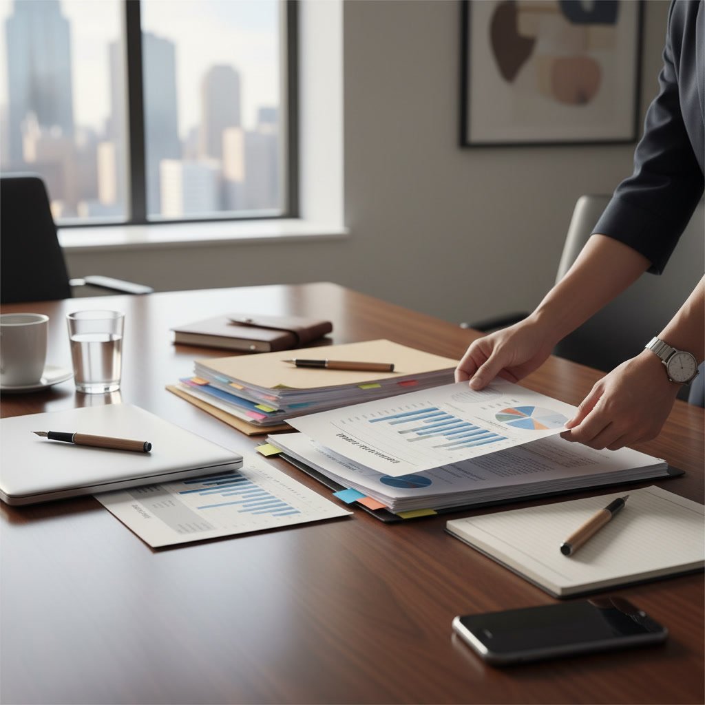 Financial documents and business records organized for a funding consultation
