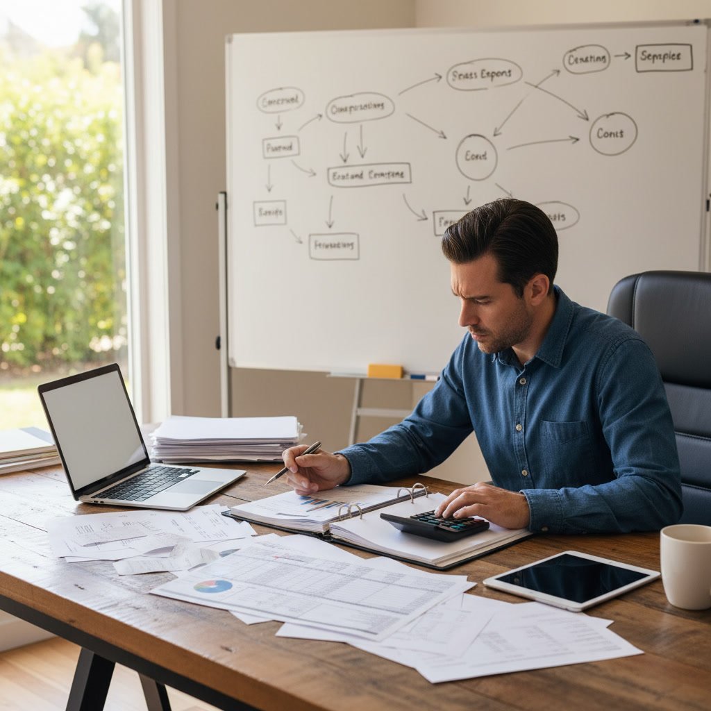 Business owner comparing expense receipts against accounting records to find missing deductions