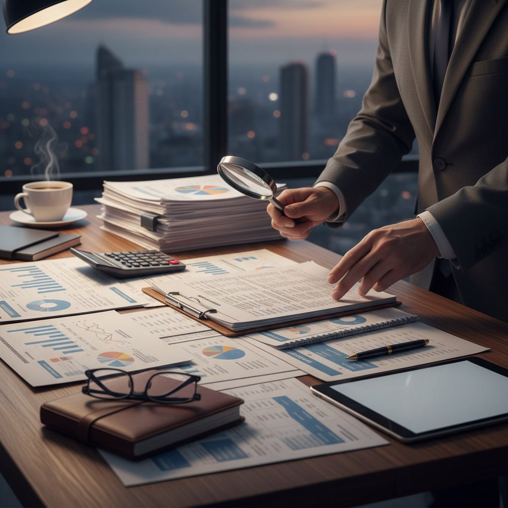 Business owner reviewing financial statements and tax documents at office desk